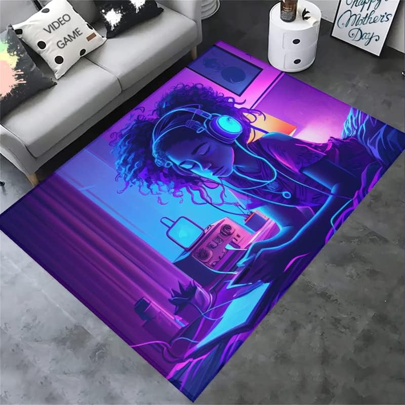 African American Black Girl Area Rug,Magic Girl Cartoon Rug for Teen