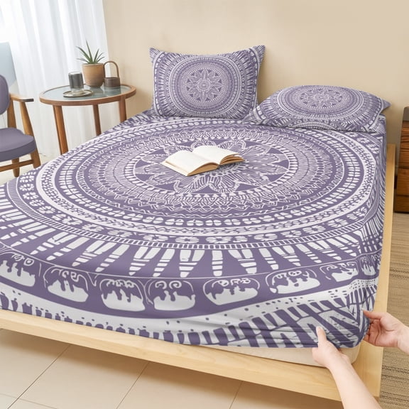 Queen Size Fitted Sheet Set - Purple Boho 3 Piece Bedding Sets 16" Deep Pocket Fitted Sheet with 2 Pillowcases, Mantoro Flower Modern Abstract Bohemian Floral Brushed Microfiber Hotel Bed Sheets