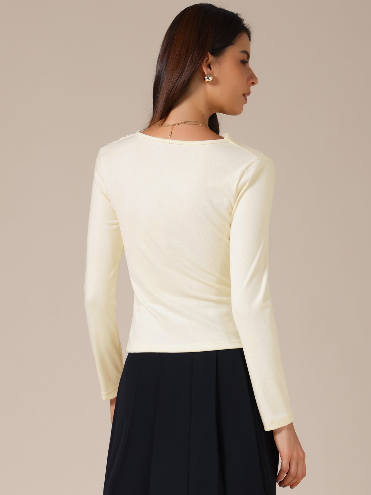 DARING DIVA Women's Asymmetrical Neck Twist Knot Ruched Long Sleeve Top M Beige