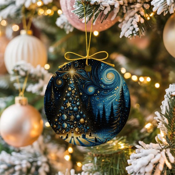 Starry Night Christmas Tree Round Ceramic Ornament, Elegant Blue and Gold Holiday Decoration, Artistic Winter Scene Gift for Family or Friends