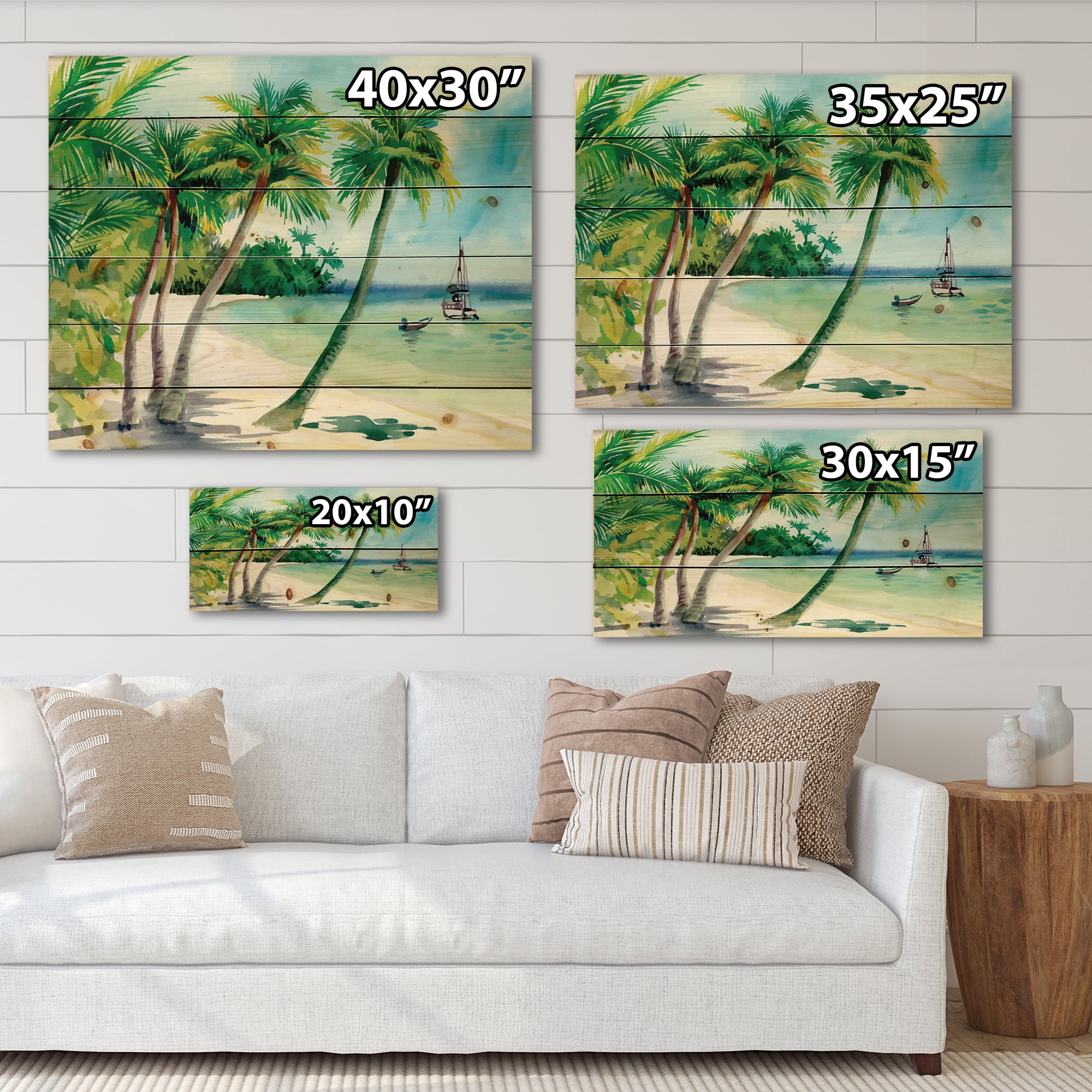 Designart 'Palm Trees With Summer Beach' Nautical & Coastal Print on Natural Pine Wood