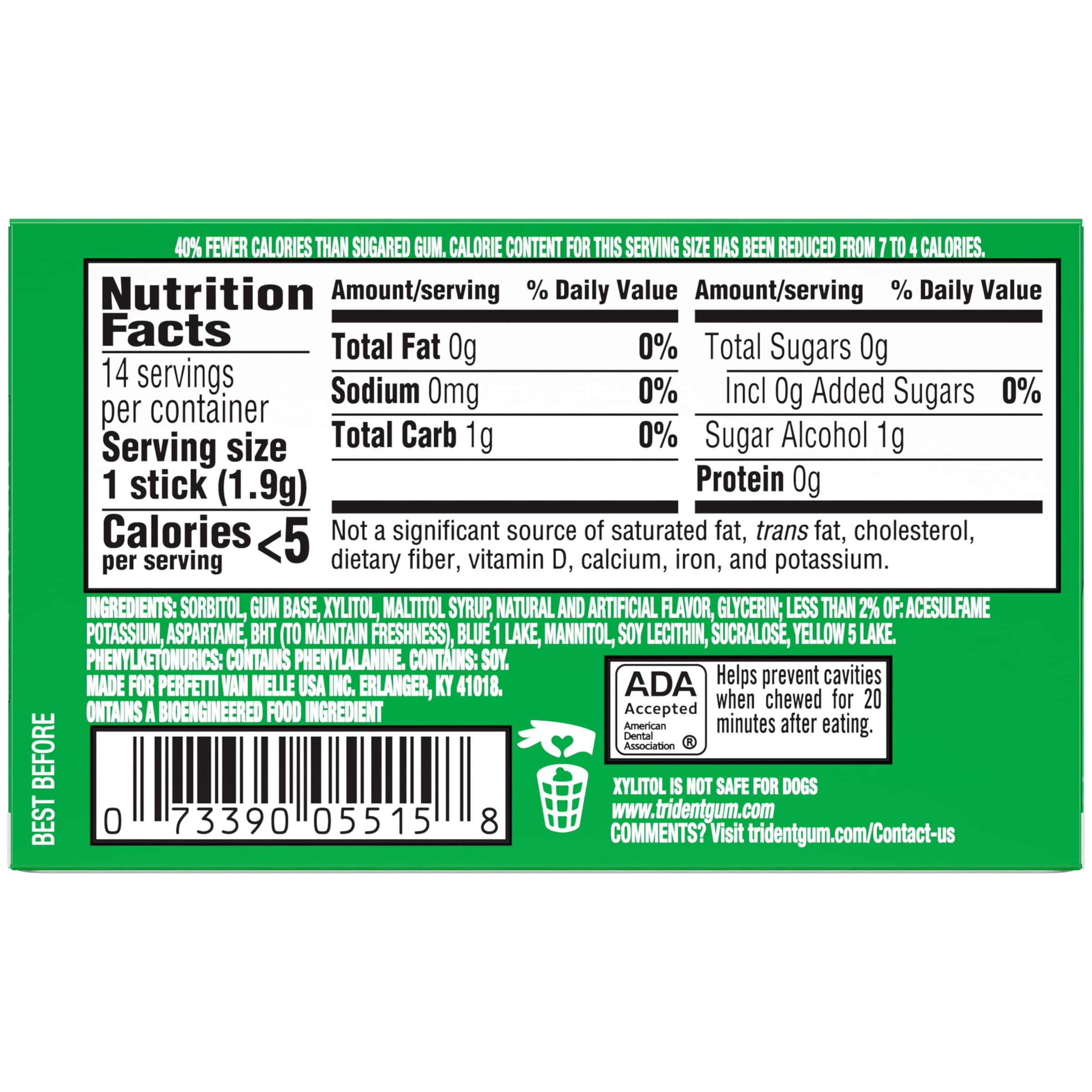 Trident Spearmint Sugar Free Gum, 12 BSL1&nbsp;Packs of 14 Pieces (168 Total Pieces)