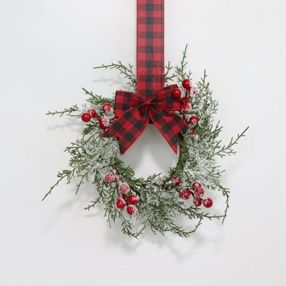 11.8 Inch Small Christmas Wreath, Mini Wreaths with Snow Flocked Red Berry Bow for Door Kitchen Cabinets Window Fireplaces, Vintage Farmhouse Christmas Decor -1Pcs