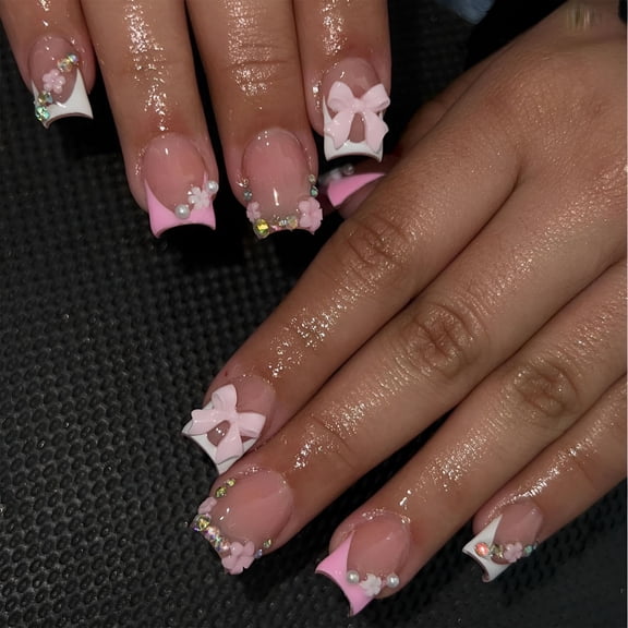RAGUPEL 24Pcs French Tip Press-On Nails-Short,Charms,Bow,Flower Design,Pink,Cute,Square Shape,Acrylic,Rhinestones