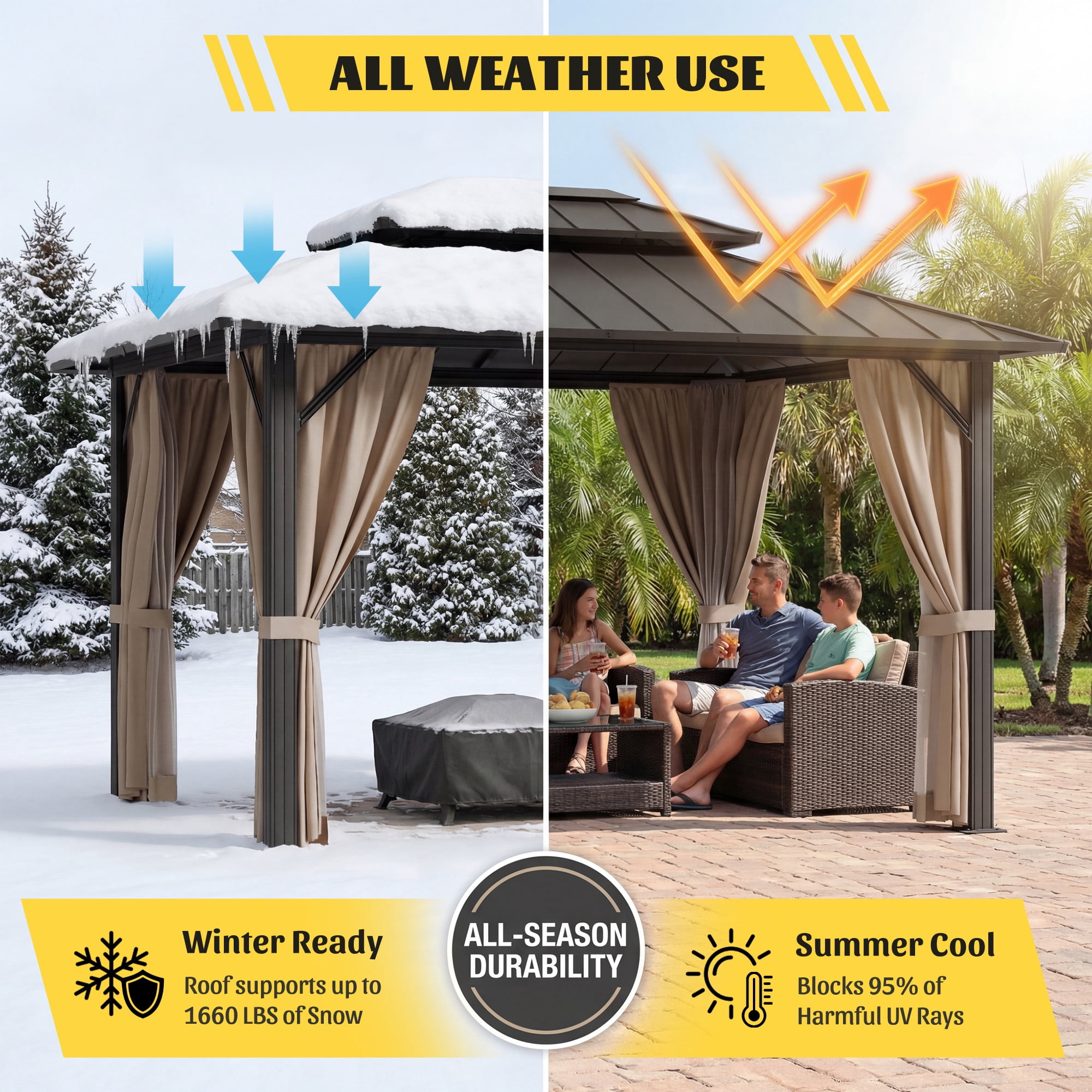 Homall 10x12 FT Hardtop Gazebo with Aluminum Frame Galvanized Steel Double Roof & Mosquito Net and Curtains for Garden Patio Lawns