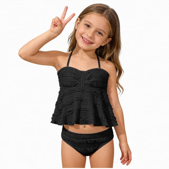 CAICJ98 Girl's 2 Piece Swimsuit Halter High Waisted Tankini Ruffle Bathing Suit for Girls Bikini Sets (Black,11-12 Years)