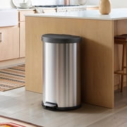 EKO Aria Kitchen Trash Can, 12 Gallon Stainless Steel Semi-Round Hands Free Step Lid Garbage Bin, Silver