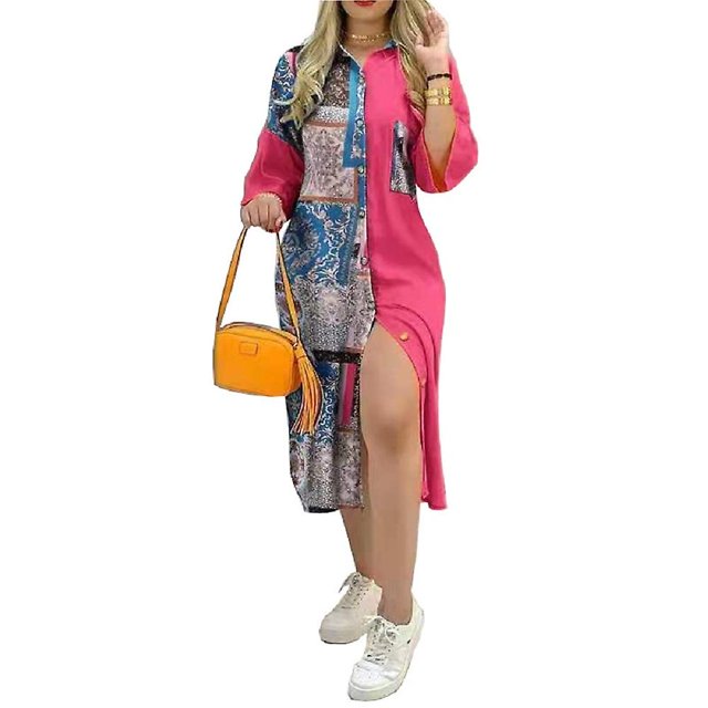 Vestido camisero estampado de talla grande para mujer, vestido informal a rayas de manga larga con botones de bolsillo, ropa holgada de empalme para primavera y verano para mujer ShuxiuWang 9024735544784