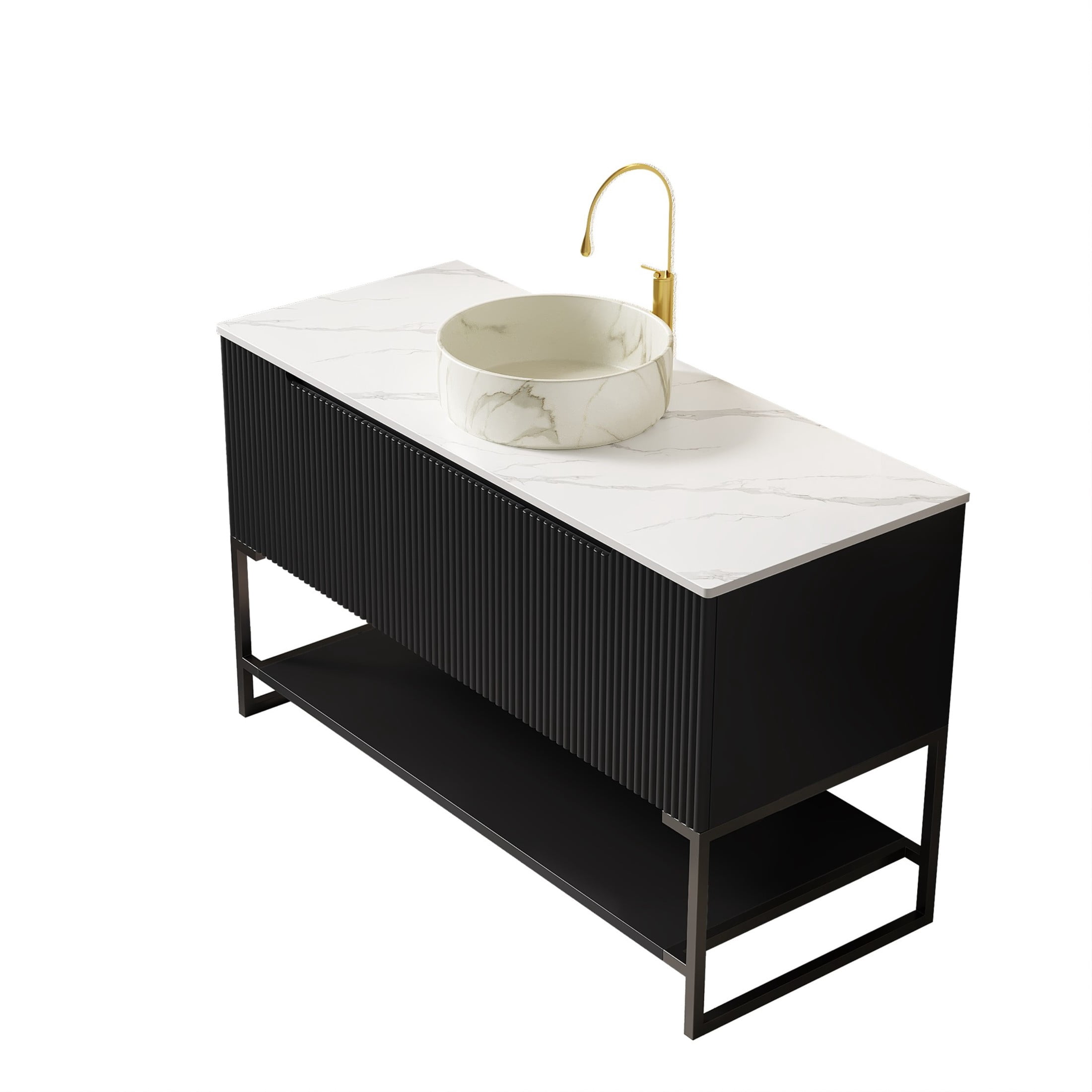 Noble House Tulio 48" Freestanding Bathroom Vanity with Sintered Stone Countertop, Stone Round Ceramic Basin, Black