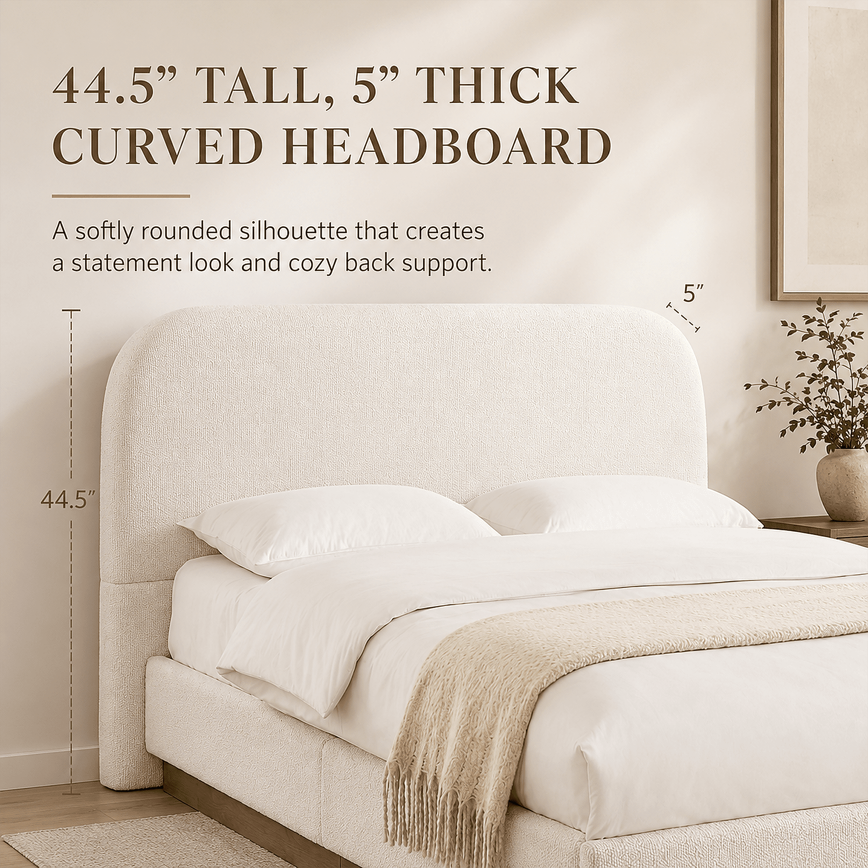 Miniyam King Upholstered Bed with 44.5 in Curved Headboard, Hidden Wood Base, Metal Frame, Cream White