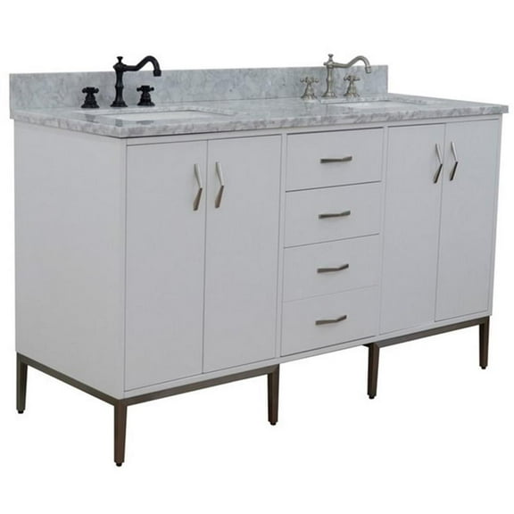 Tivoli 61" Solid Wood Double Rectangle Sink Vanity in White/White Carrara