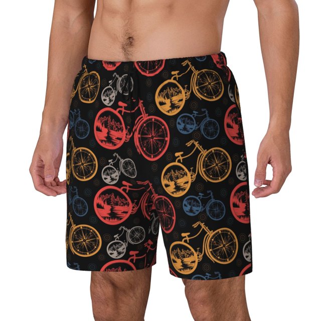 Kdxio Compass And Mountains In Bicycle Wheels1 Print Mens Swim Shorts with Mesh Lining, Breathable and Quick-Drying, Adjustable Waist, Privacy Pocket-Medium