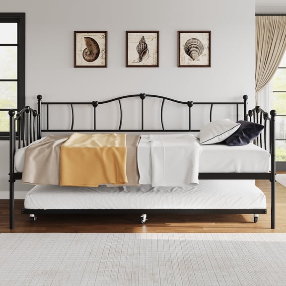 Yeshouse Daybed with Trundle - Durable Twin Metal Frame Bed with Love-Heart Design and Lockable Wheels