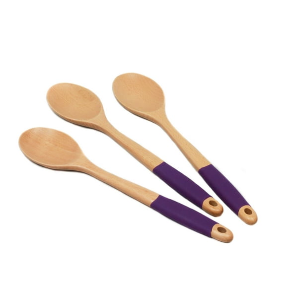 Chef Craft Premium Silicone Handle Wooden Spoon Set, 14 inch 3 Piece Set, Purple