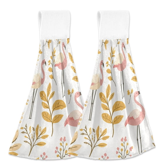 Flamingos and Yellow Leaves Hanging Towels with Loop Hand Towels Nylon Fastener Tape Design Dish Cloths 2 Pieces
