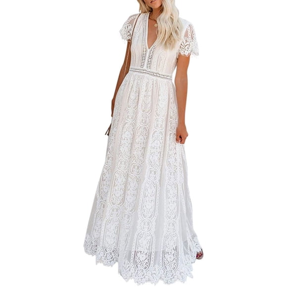 Women's V Neck Floral Lace Wedding Dress Short Sleeve Bridesmaid Evening Party Maxi Dress