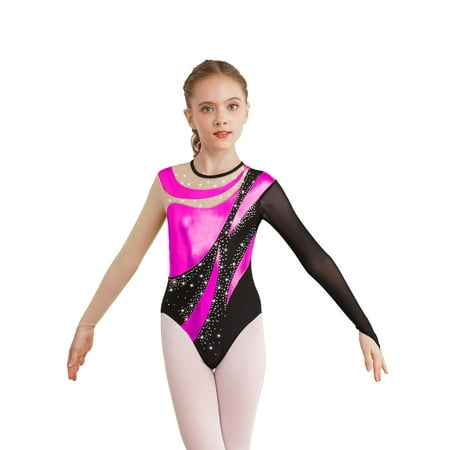 inlzdz Long Sleeve Gymnastic Leotard for Girls Sparkly Ballet Dance Unitard Biketard Kids Activewear Hot Pink 12