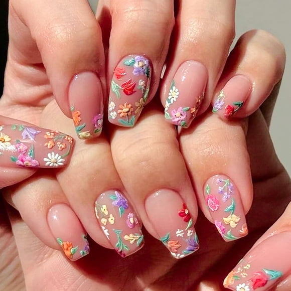 Flores cortas cuadradas Blruyci de Press on Nails para mujer, 24 unidades