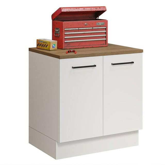 Madesa Compact Garage and Utility Room Base Storage Cabinet with 2 Doors and Tool Storage Shelves 33 Inch Wooden Organization Unit - White