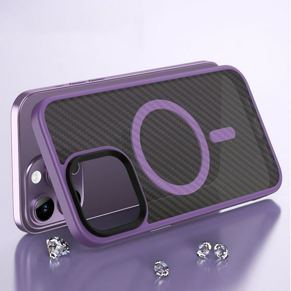 Magnetic Case for iPhone 14 Pro Max, Carbon Fiber TPU Shockproof Cover Compatible with MagSafe Wireless Charging Lens Protection, Slim Lightweight Anti-Fingerprints Metal Buttons Case,Purple