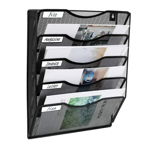 EasyPAG Wall File Holder 5 Pocket Mesh Hanging Wall Organizer Vertical Hanging File Folder Holder Magazine Rack with Nametag Label for Mail Paper Organization,Black