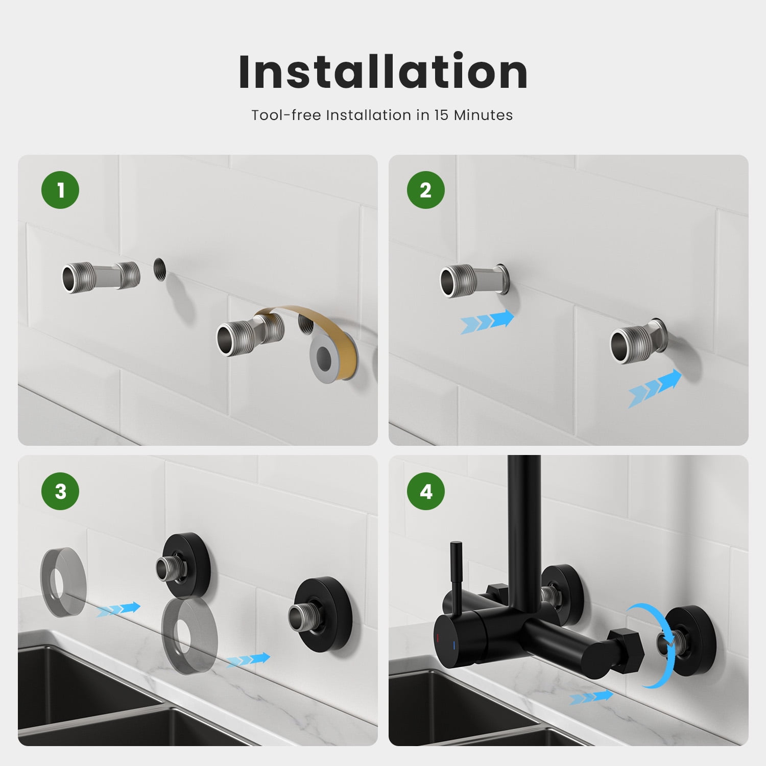 Wall Mount Kitchen Faucet Single Handles, 8 Inch Center Wall Commercial Utility Sink Faucet with Pull Out Sprayer 2 Modes, Stainless Steel, Matte Black