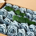 thumbnail image 5 of 50pcs Artificial Flowers Light Blue Foam Fake Rose with Stems 12 Leaves Real Looking Faux Roses for Wedding Bouquets Bridal Shower Centerpieces Arrangements Party Tables Decorations DIY Dusty Blue, 5 of 12