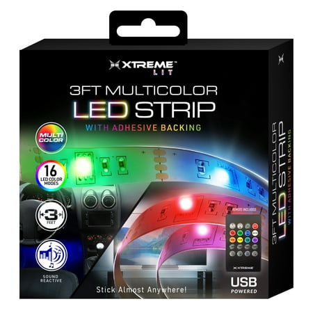Xtreme Lit 3ft Multicolor LED Strip, 16 Unique Colors/4 Modes for Indoors, 5v USB Powered