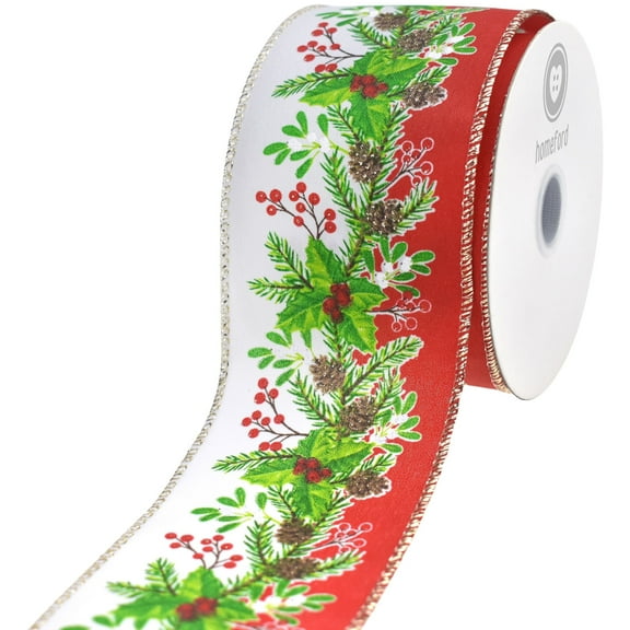 Homeford Christmas Pinecone Mistletoe Stripe Wired Ribbon, Red, 2-1/2-inch, 10-yard