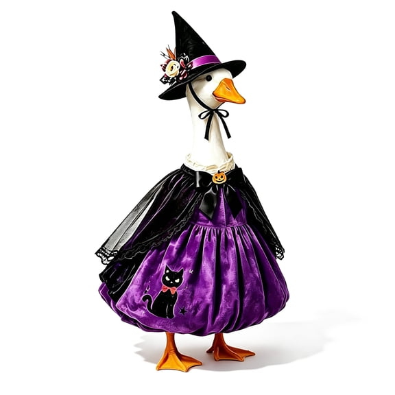 Halloween Witch Themed Dress And Hat Set For 19 To 23 Inch Porch Goose Statue Fall Yard Decor With Black Cat And Pumpkin Motifs