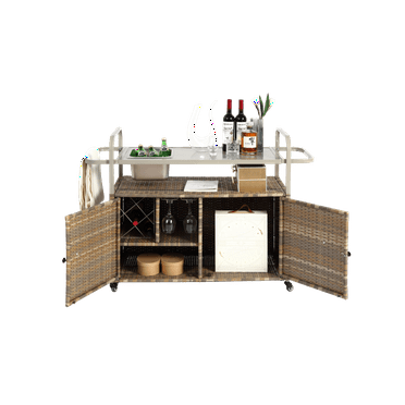 Outdoor Bar Table, Wicker Bar Cart with Cabinet, Patio Serving Cart with steel Top, with one ice bucket,Lockable Wheels, Side Basket for Garden, Poolside & Backyard, Beige