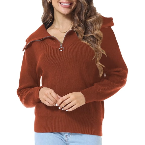 Zehisen Women's Half Zip Sweaters Casual Long Sleeve V-Neck Collar Ribbed Knitted Slouchy Pullover Tops Red L