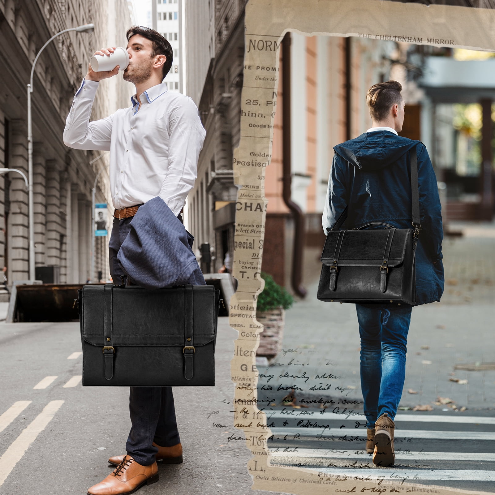 RAINSMORE Messenger Bag for Men 15.6 inch Vintage Leather Waterproof Laptop Briefcase Computer Laptop Bag Large Satchel Bag Retro Shoulder Bag for Office Business College,Black