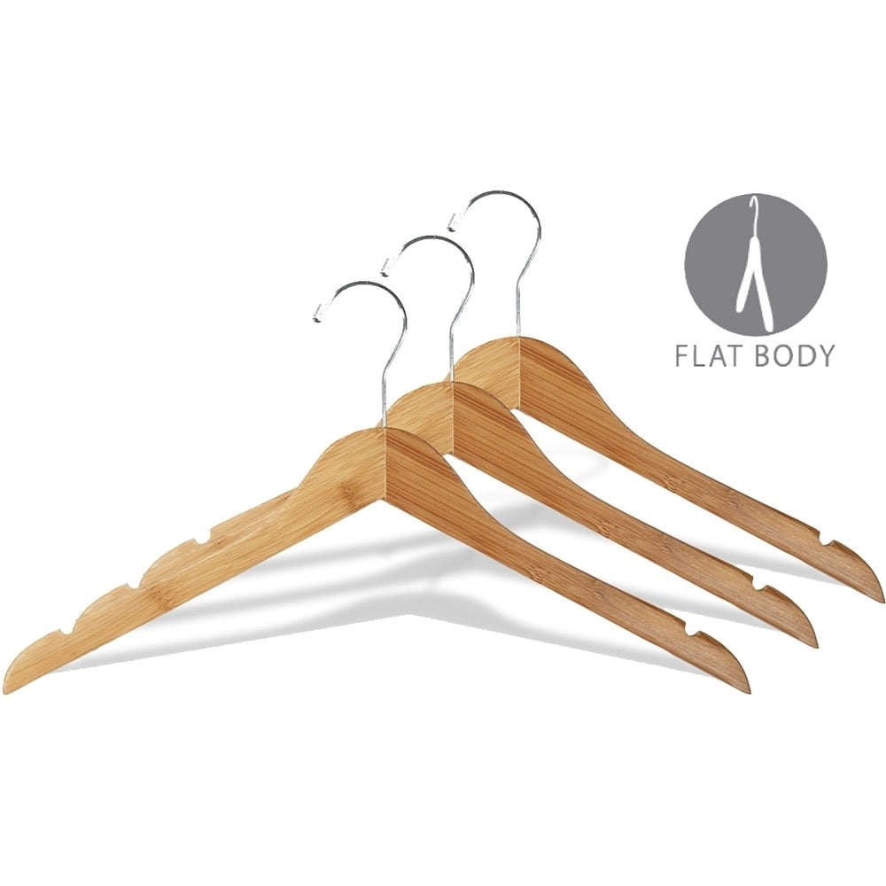 Bamboo Top Hanger, Box of 24 Eco-Friendly 17 Inch Flat Wooden Hangers w/ Lacquer Finish & Chrome Swivel Hook for Shirt Jacket or Blouse, by International Hanger