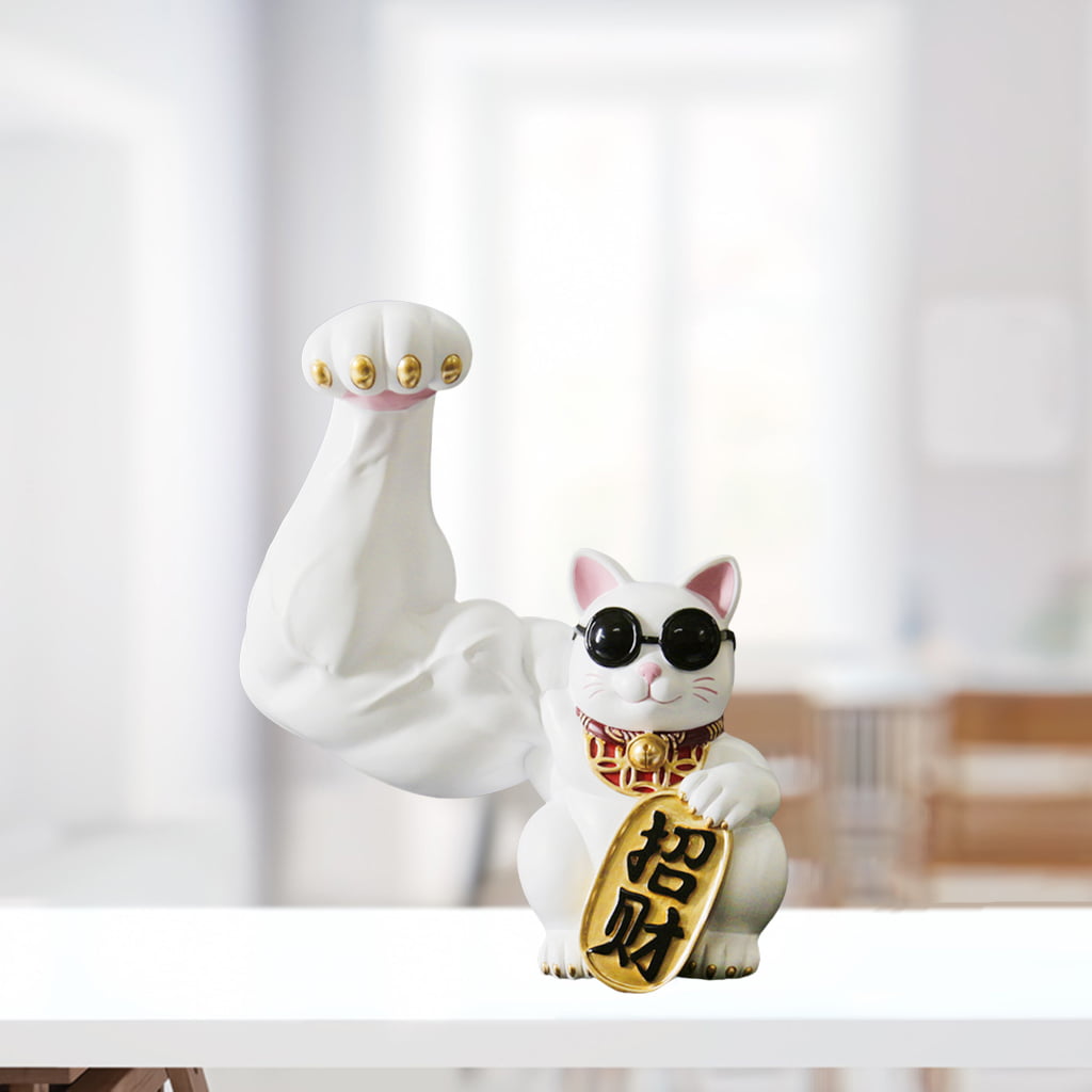 Muscle Arm Lucky Cat Figure Feng Shui Good Luck Cat Statue Home Decorative 