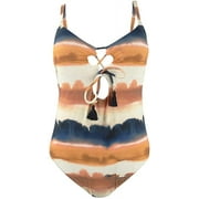 Lucky Brand Women's Tie Front One Piece Swimsuit, Orange//Sonoma Sky, XS