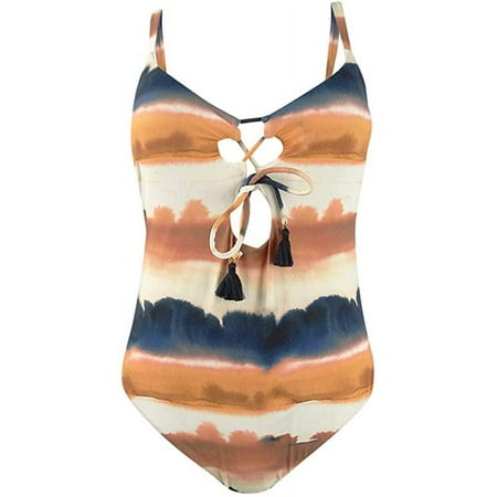 Lucky Brand Women's Tie Front One Piece Swimsuit, Orange//Sonoma Sky, XS