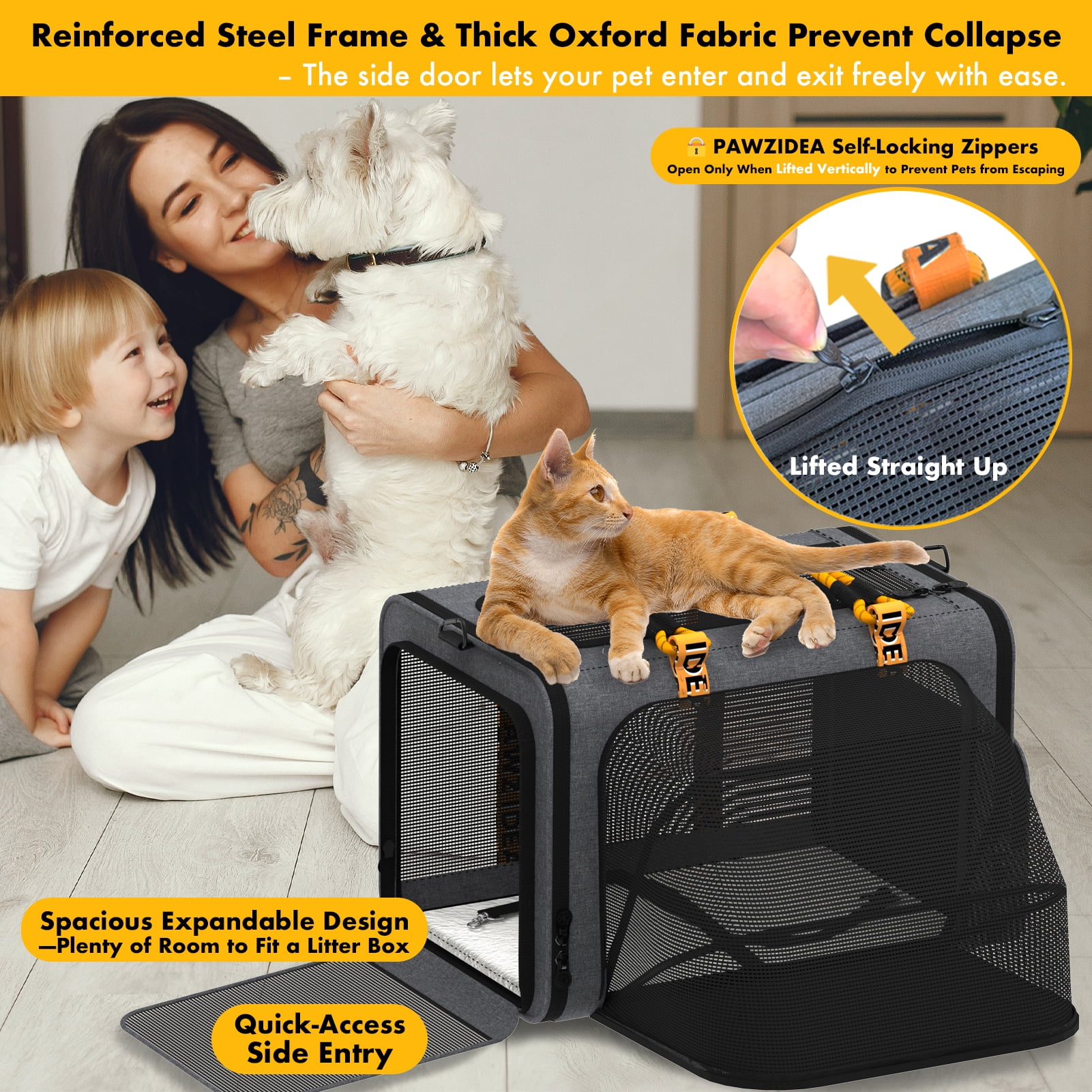 PAWZIDEA Expandable Large Pet Carrier with Wheels, 24x16x16 in Rolling Cat Carrier for 2–4 Cats up 55lb, Soft-Sided Collapsible Small Medium Dog Crate for Car Travel, Telescopic Handle