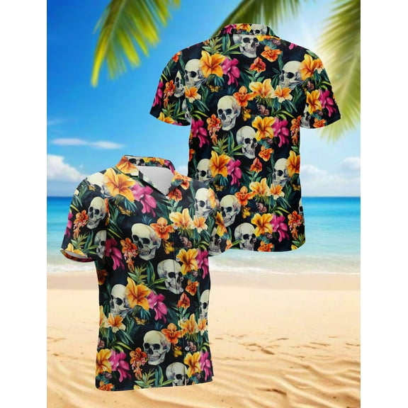 Tropical Skull Hawaiian Shirt for Men, Tropical Style, Button Down Summer Beach Short Sleeve, S-5XL
