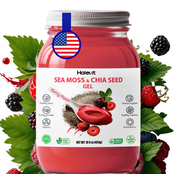 Halevit Wildcrafted Irish Sea Moss Gel, Raw Sea Moss Supplement with Chia Seeds, 16 Oz, Berry Flavor