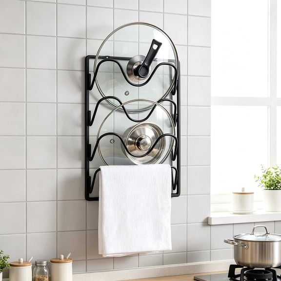 Pot Lid Organizer Rack, Iron Wall Mount Cabinet Door Pan Cover Holder for Kitchen Storage, Black, 4 Layer