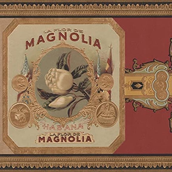 Concord Wallcoverings Wallpaper Border Gramercy Vintage Pattern Cigar Labels for Tobacco Stores Home Office, Beige Black Gold Brown Copper Dark Red Blue, 7 Inches by 15 Feet 685571