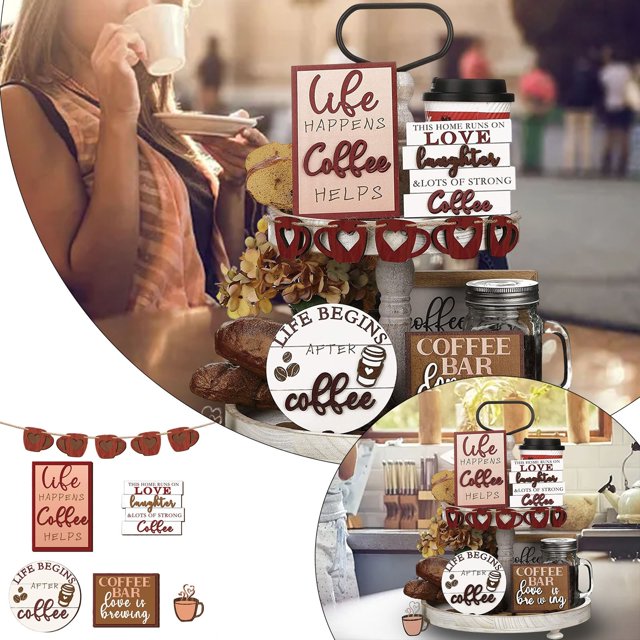 Coffee Tray (1Pc) Coffee Bar Decoration Logo Farmhouse Layered Tray Decoration Coffee Wood Logo Coffee Cup Wood Pearl Ring Rural Layered Tray Kitchen Table Decoration Coffee Tier Tray Gold