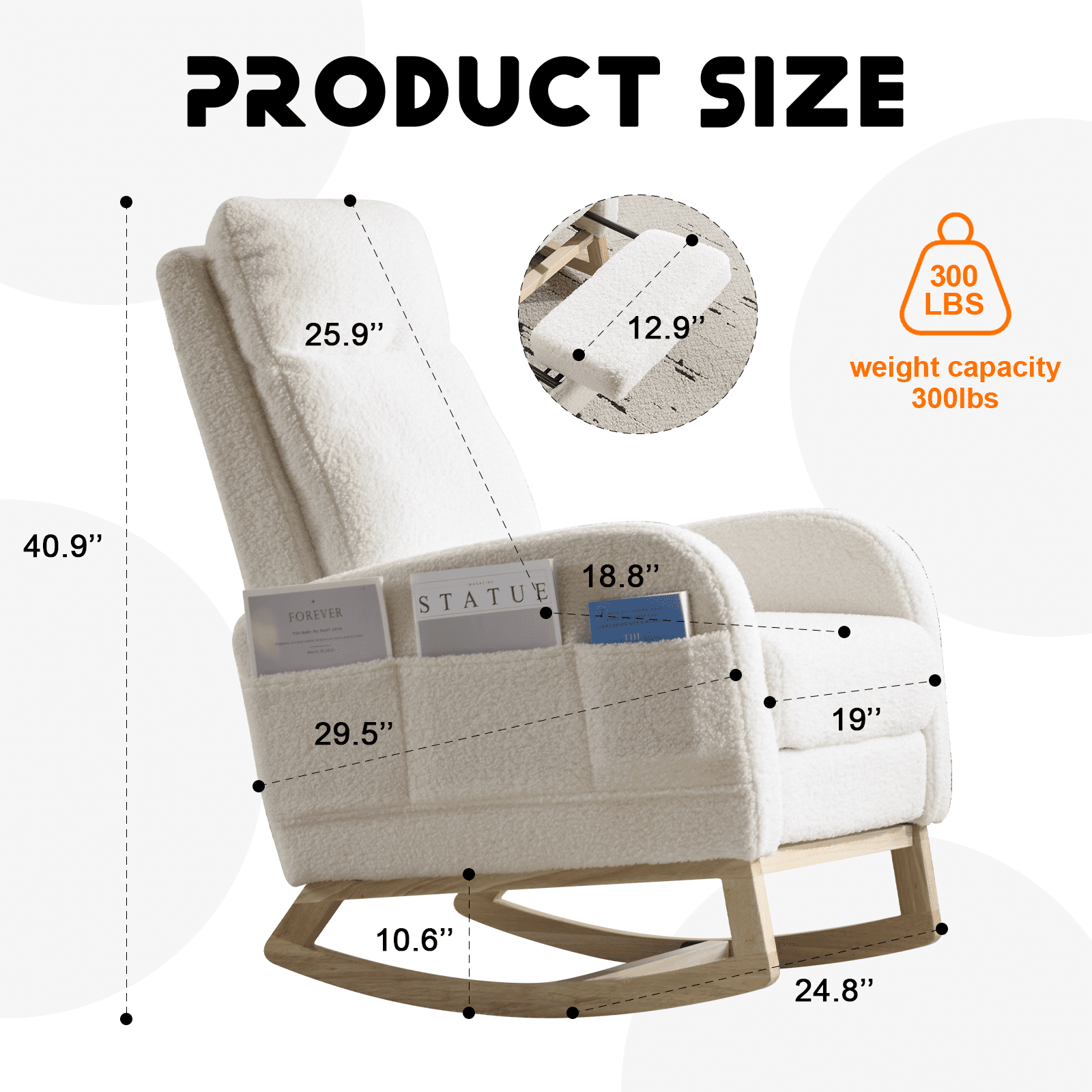 Outdoor Rocking Chairs Modern Accent Rocking Chair Rocking Chair with Solid Wood Legs, Upholstered Nursery Glider Rocker with Side Pocket and Footrest, Living Room Lounge Arm Chair with High Backres