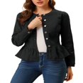 thumbnail image 1 of Allegra K Women‘s Round Neck Button Down Ruffled Hem Cropped Washed Denim Jacket, 1 of 6