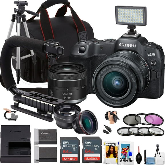 Canon EOS R8 Mirrorless Camera w/24-50mm Lens   Sandisk 64GB Ultra Memory Card   Camera Case   More (19pc Bundle)