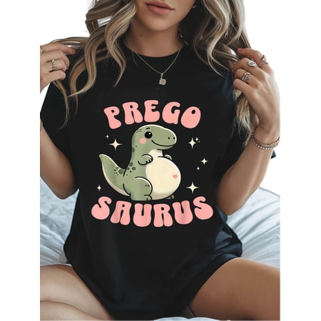 Women's Prego Saurus Funny Pregnancy Announcement T-Shirt Cute Dinosaur Graphic Tee Retro Mom To Be Maternity Top Black