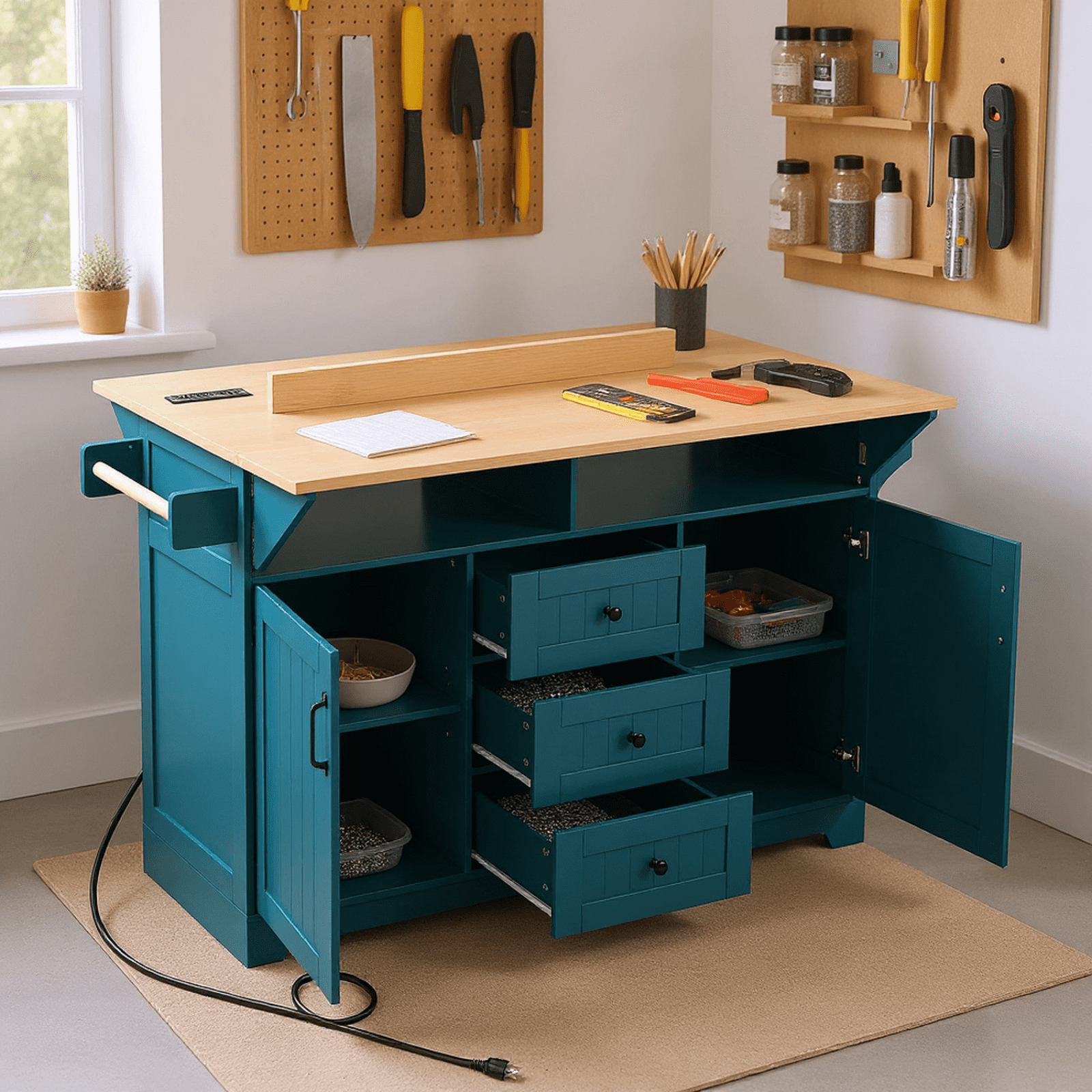 Homy Casa Rolling Large Garage Storage Cabinet with Dual Drop Leaves, Power Outlets for Office Gym, School