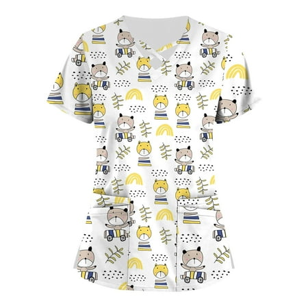 

SENDKEEL summer tops for women Plus Size Cute Printed Scrub Working Uniform Tops For Women Cross V-Neck Short Sleeve Fun T-Shirts Workwear Tee With Pockets