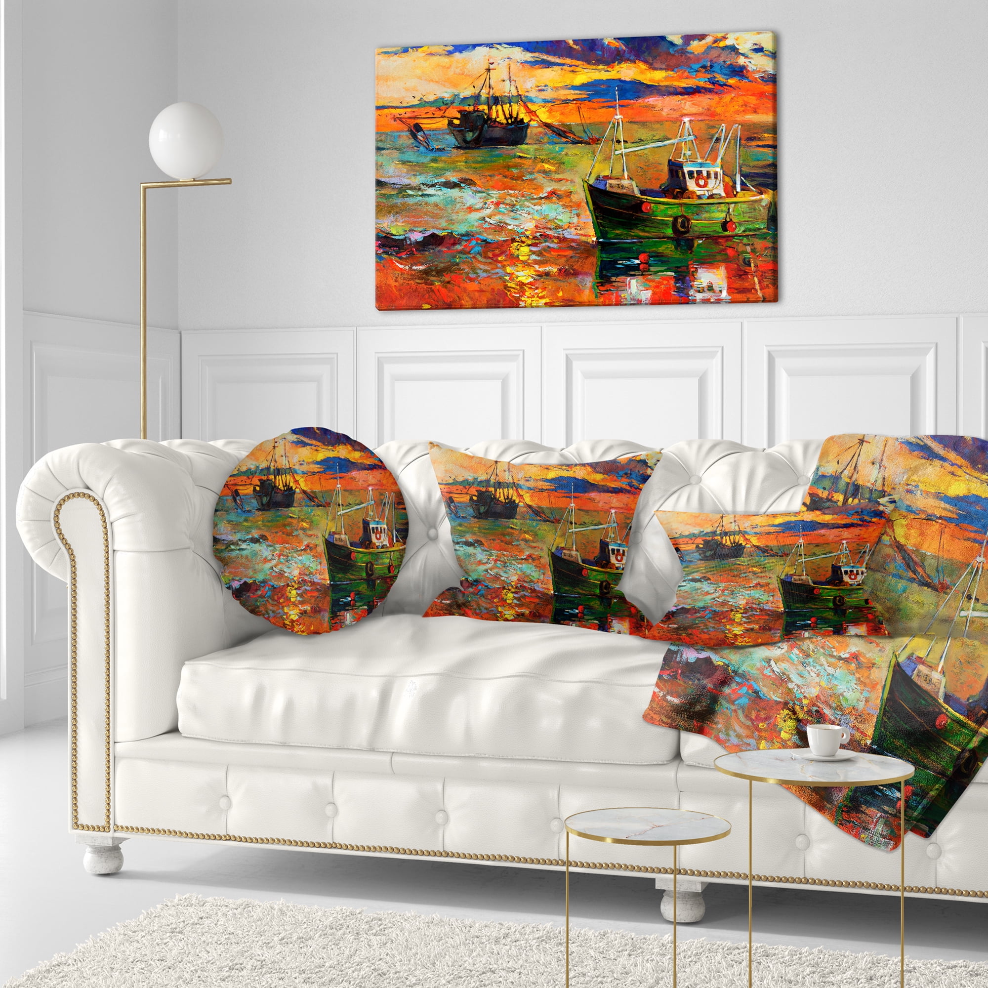 Designart Colorful Fishing Ships - Seascape Throw Pillow - 12x20